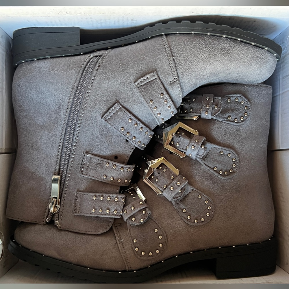 Grey suede silver stud booties